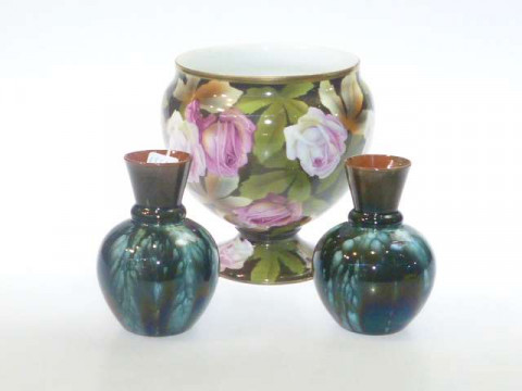 Polish china floral design vase and pair of small Linthorpe pottery vases