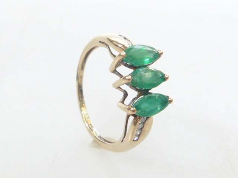 9K yellow gold, emerald and diamond ring, size N
