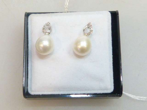 Pair 9K white gold, diamond and cultured pearl earrings