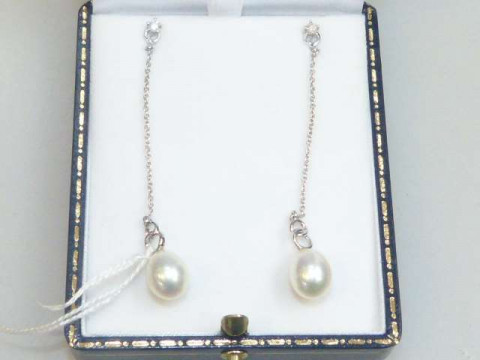 Pair 9K white gold diamond cultured pearl earrings