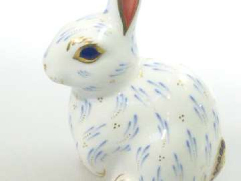 Royal Crown Derby paperweight 'Snowy Rabbit' with gold stopper, boxed