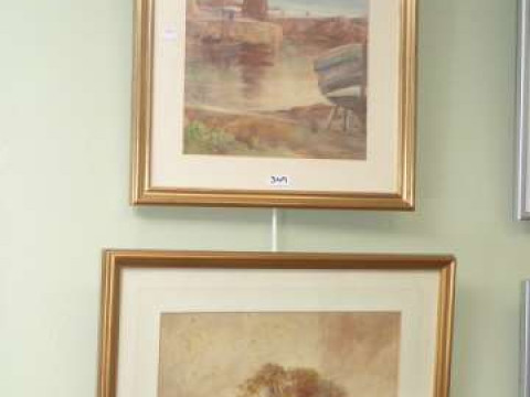 J.A. Dees, Sheep Grazing, watercolour, 26cm x 35cm; J.S. Waterstone, Boats...