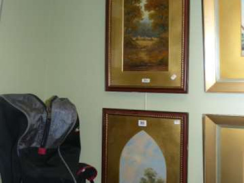 E.A. Hold, pair arched oil paintings, landscapes in glazed frames