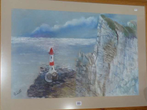 J. Carr, Lighthouse on a rugged coastline, pastel, 49.5cm x 76.5cm in...