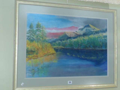 J. Carr, Alpine river scene, pastel, 45.5cm x 65cm, framed and glazed