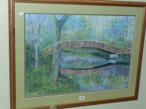 J. Carr, Bridge over a river, pastel, 45.5cm x 65.5cm in glazed frame