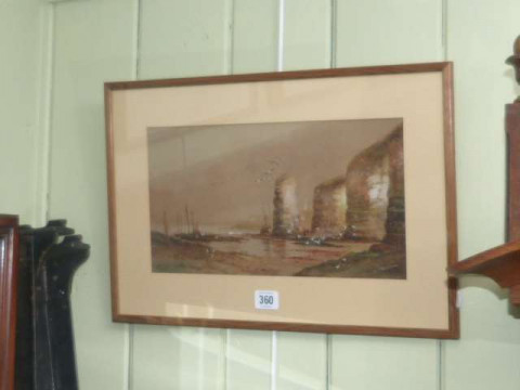 Austin Smith 1928, Boats at a rocky coastline, 18.5cm x 34.5cm in glazed...