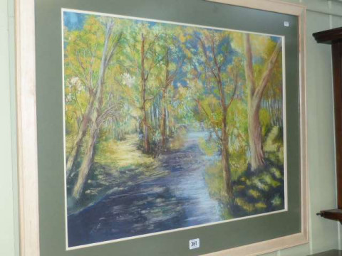 J. Carr, River in Woodland, pastel, 49cm x 68.5cm in glazed frame
