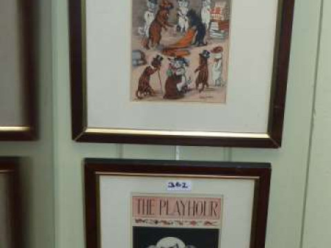 Two Louis Wain prints, Mrs Puss goes shopping and The Playhour