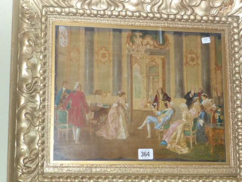 Court of Geo III, oil on board, 28.5cm x 37cm in ornate gilt frame