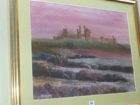 J. Carr, Castle at coastline, pastel, 48cm x 62.5cm, in gilt frame