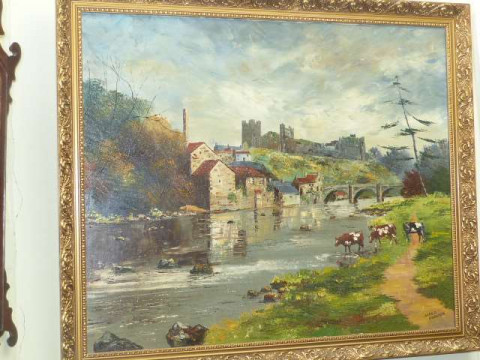 Gerald Hodgson, Castle beside a river, oil on canvas, 62.5cm x 75cm in...