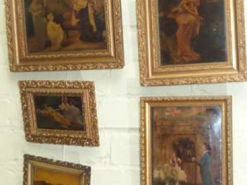 Five gilt framed bevelled glass pictures