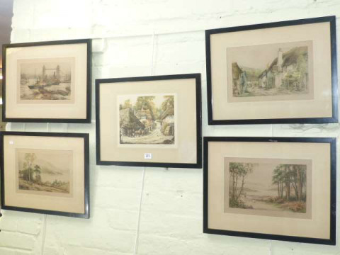 Henry G. Walker, five framed coloured etchings and four unframed Lakeland...
