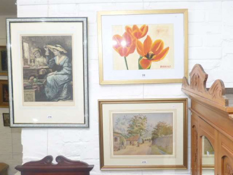 Maaike, Still Life watercolour, gilt framed watercolour Country Lane and...