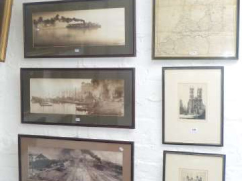 Framed map of the Netherlands, pair London etchings and three framed photographs...