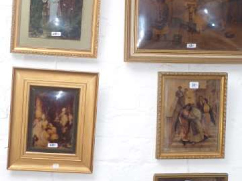 Six various framed glass pictures