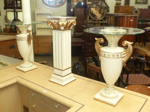 Pair glass topped vase shaped pedestal tables and similar column (3)