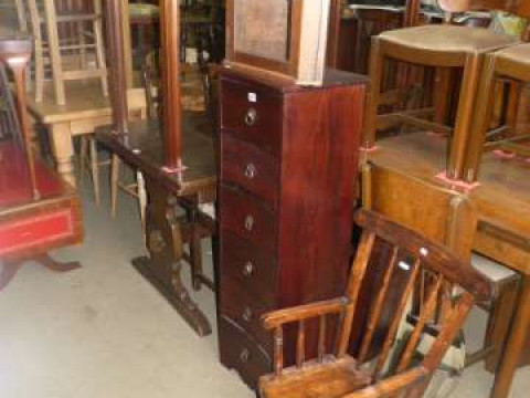 Slim hardwood inverted six drawer chest, small glazed panel door corner...