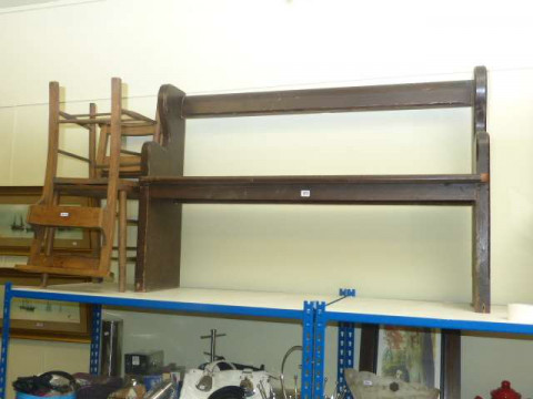 Stained pine pew 135cm long and pair chapel chairs (3)