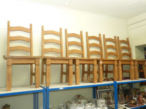 Set of six pine ladder back dining chairs