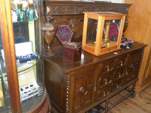 1920's carved oak Jacobean style oak sideboard with raised back