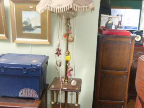 Satin brass and mahogany standard oil lamp converted to electric