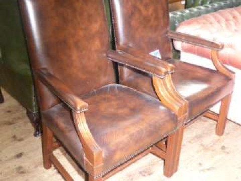 Pair brown leather open armchairs on square moulded legs