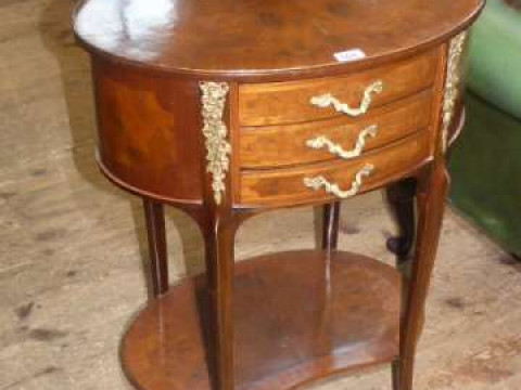 Continental mahogany, walnut and ormolu mounted oval three drawer side...