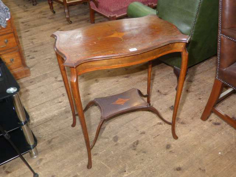 Late Victorian floral swag and satinwood inlaid occasional table on cabriole legs