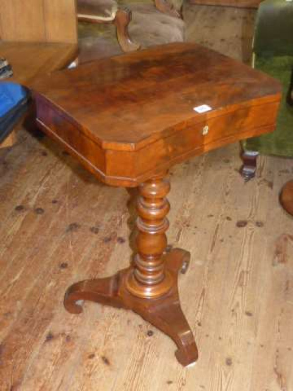 19th Century mahogany inverted bow top sewing table on turned pedestal triform base