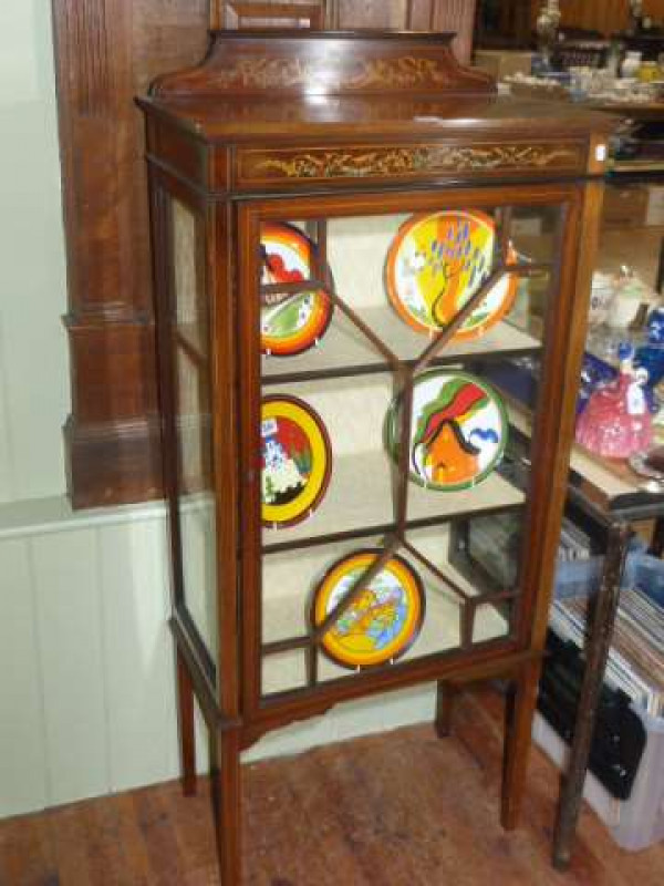 Edwardian inlaid mahogany and painted astragal glazed door china cabinet