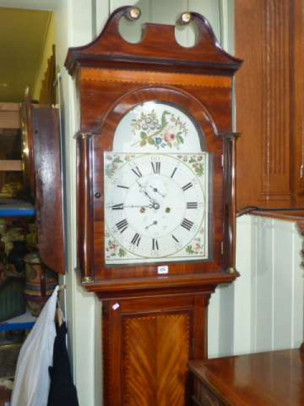 Antique mahogany and chequer inlaid eight day longcase clock having floral painted arched dial