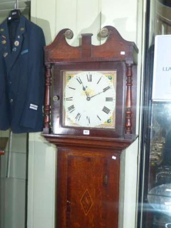 Antique oak, mahogany and satinwood inlaid 30 hour longcase clock having square painted dial