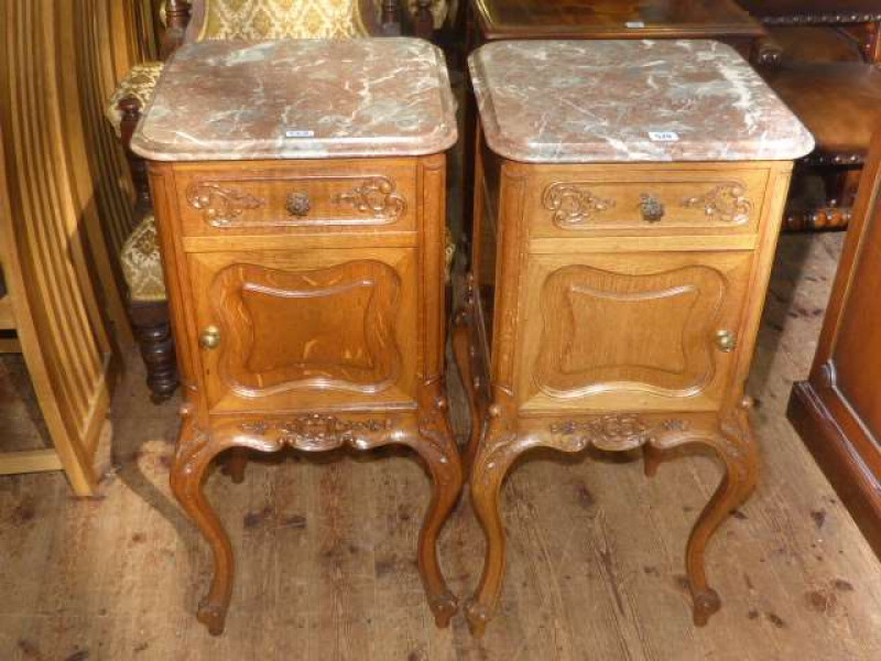 Pair Continental marble topped pot cupboard on cabriole legs