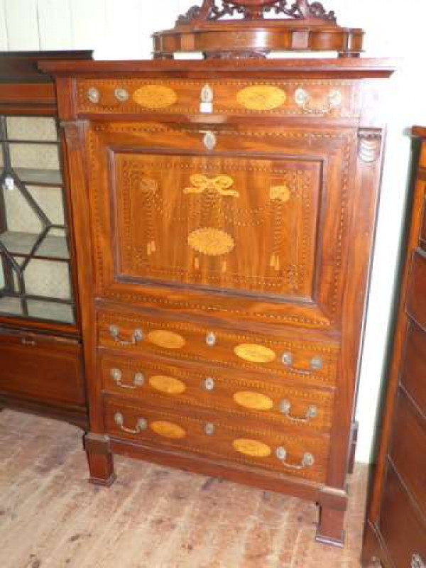 Biedermeier style satinwood and chequer inlaid four drawer secretaire cabinet