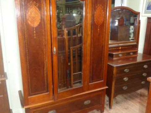 Edwardian inlaid mahogany mirror door wardrobe, dressing chest and double...