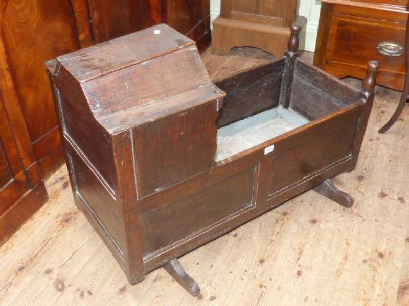 Victorian oak rocking cradle with liner