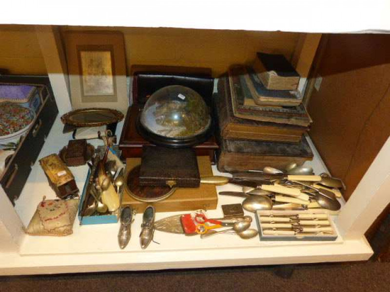 Victorian bible and other books, cutlery, handbags, bird taxidermy, cutlery, tin plate railway carriage, six pictures, etc