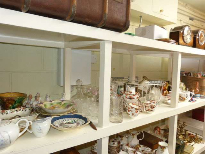 Collection of glass and china including teaware, planters, figures, Victorian teapot, etc