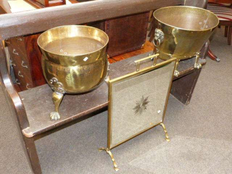 Two brass log buckets, each raised on claw feet and brass and mirrored fire screen