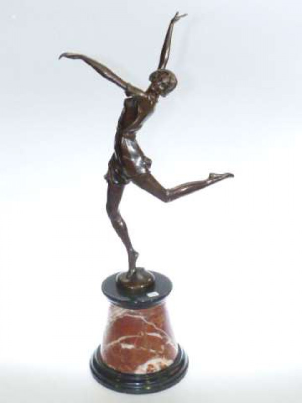 Modern bronze of dancing lady on marble plinth, 64cm high