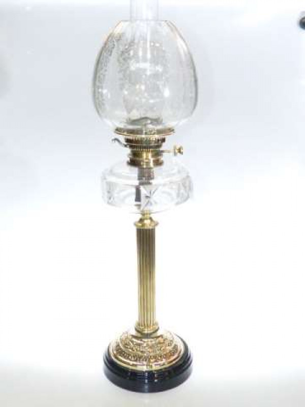 Victorian brass column oil lamp with star cut frosted panel reservoir and etched shade