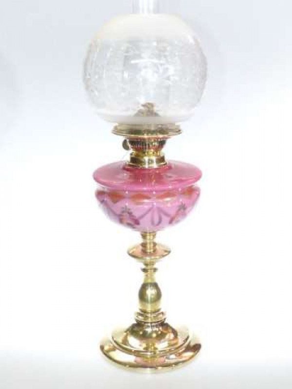 Victorian brass column oil lamp with pink glass reservoir and etched glass shade