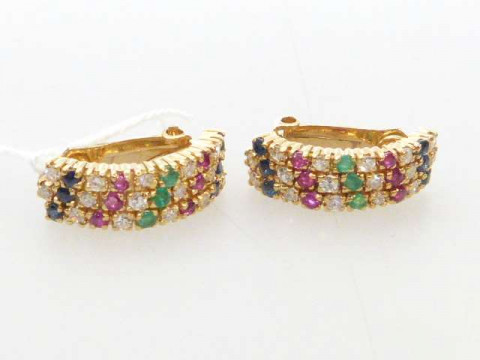 Pair of Kovis multi gem clip earrings, stamped 750