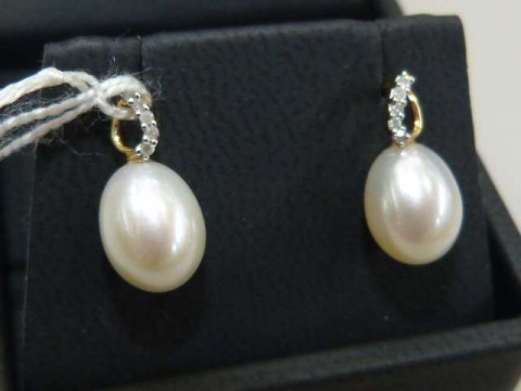 Pair of freshwater pearl and diamond earrings, stamped 375