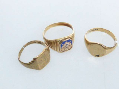 Two 9ct gold signet rings and a Masonic ring, stamped 10k (3) approximately...