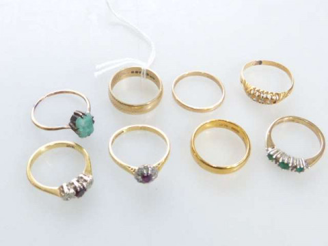 22ct gold wedding band, two 18ct gold rings, three 9ct gold rings and...