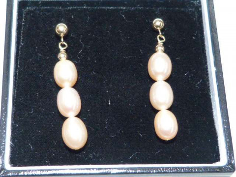 Pair of three drop cultured pearl earrings, stamped 375/9k