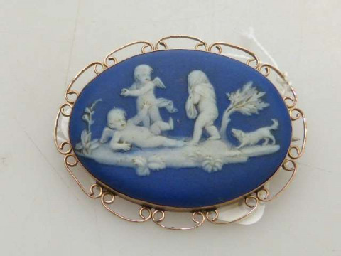 Wedgwood blue jasper brooch, the mount stamped 9CT, impressed WEDGWOOD